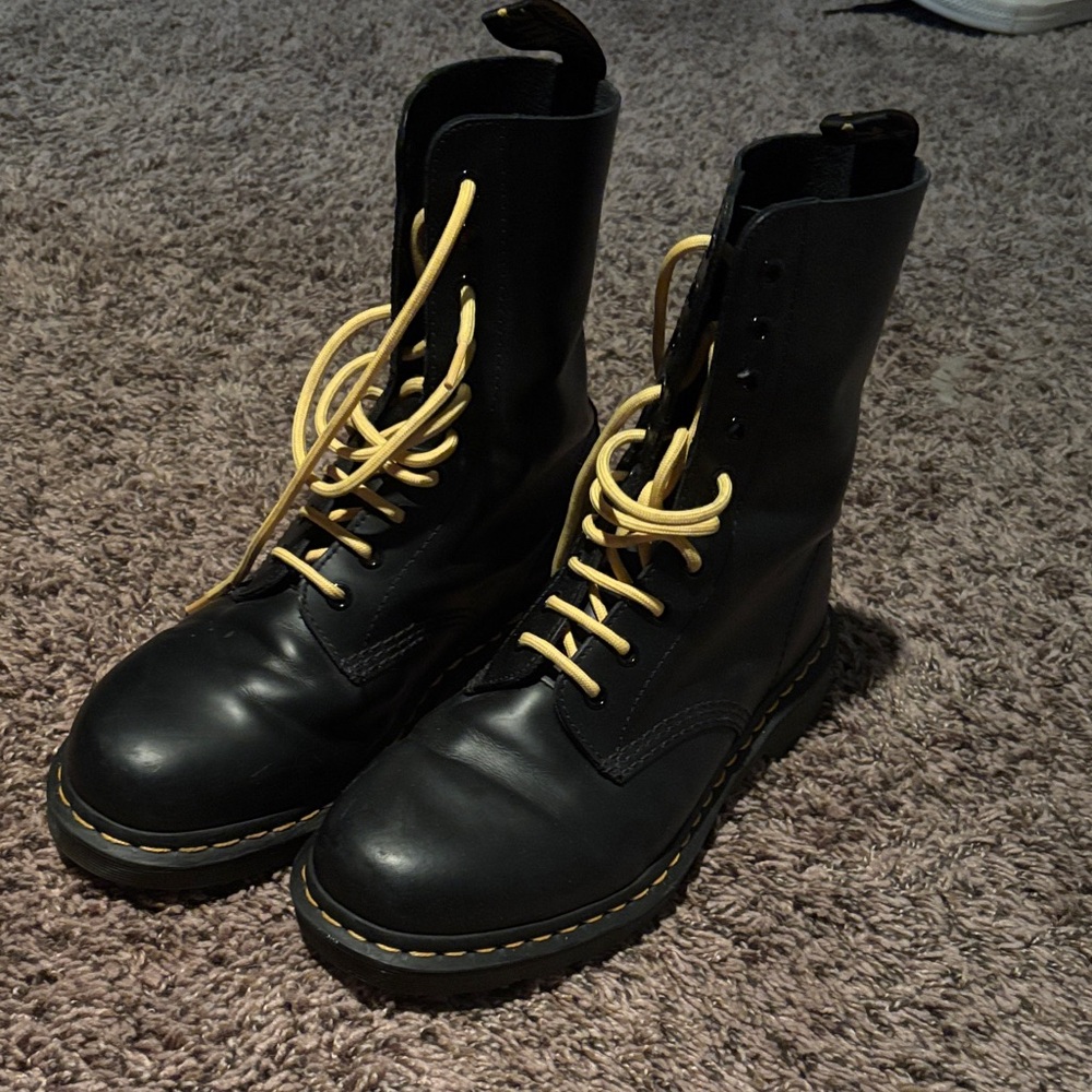 Dr. Martens Black 10 eye Lace Up Boots with Yellow Laces